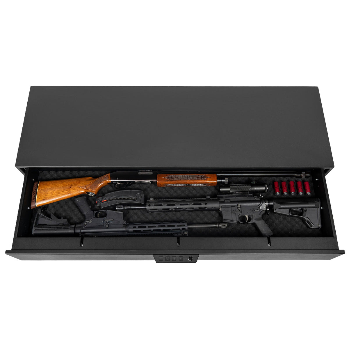 HDV-700X | Home Defense Biometric Compact Vault | 16&quot;(D) X 52”(W) X 7”(H) - Open